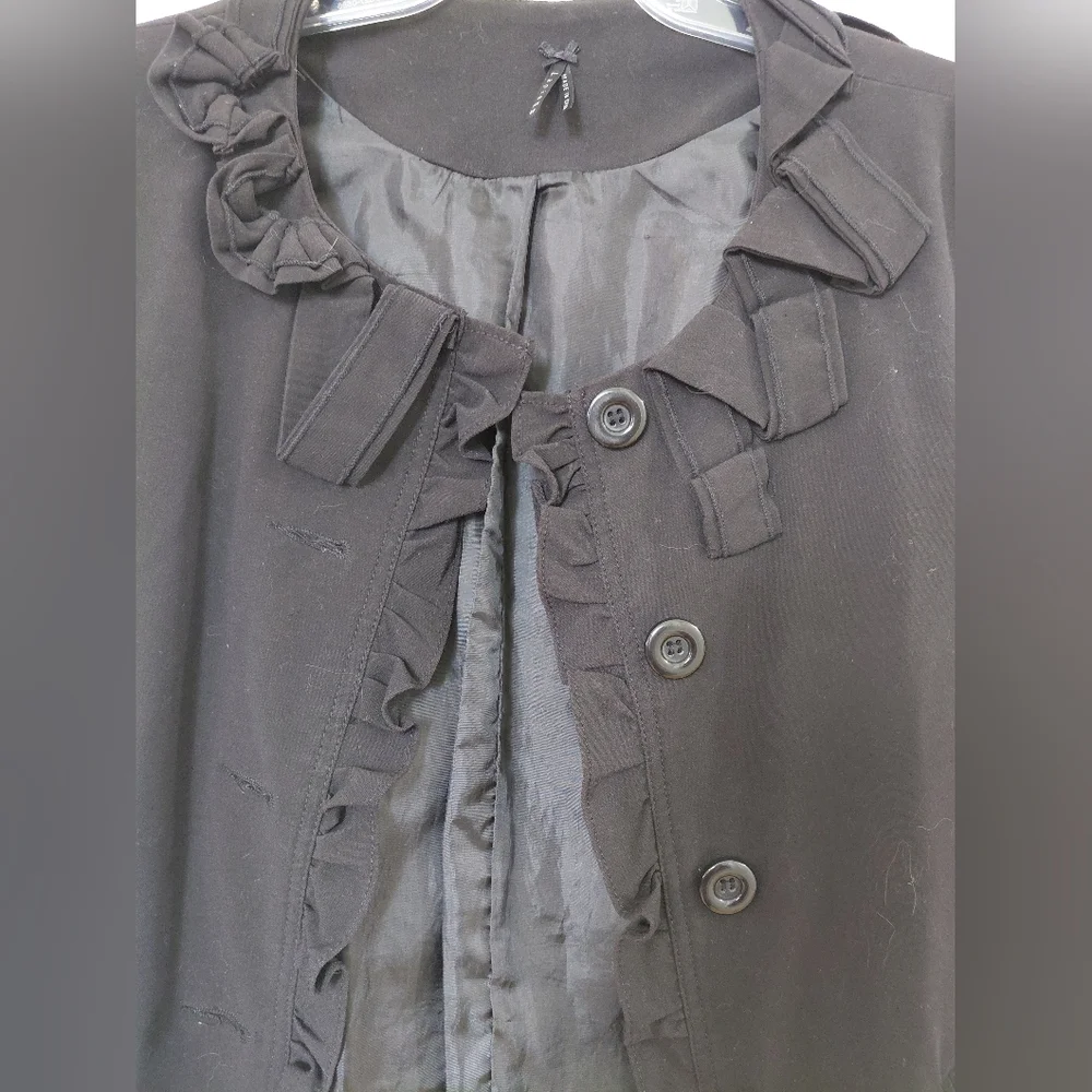 Black Ruffle-Trim Button Front Women's Coat - Picture 3 of 6